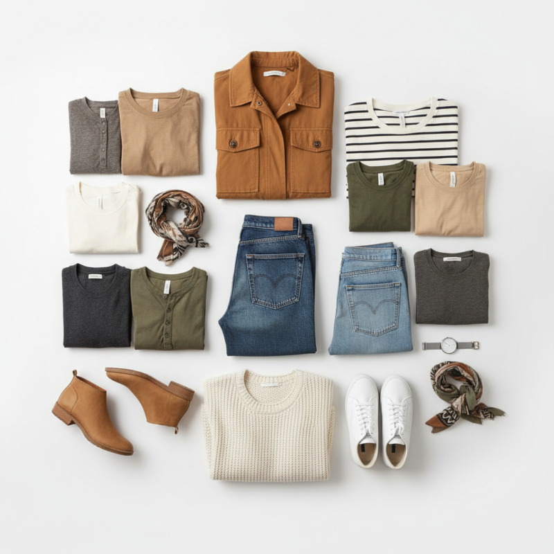 Flat lay of a capsule wardrobe with versatile neutral clothing pieces