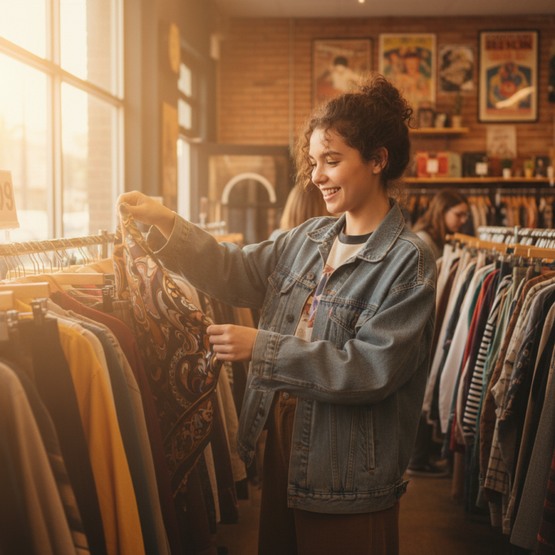 College student browsing clothing at a thrift store