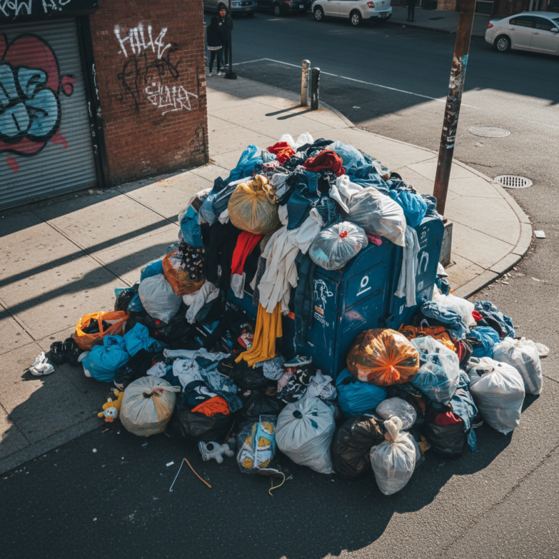 Overflowing clothing donation bin on a street corner