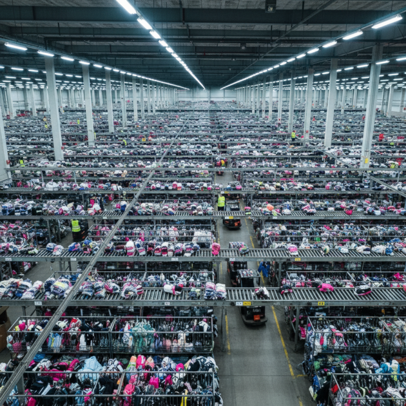 Massive fast fashion distribution warehouse with endless rows of clothing