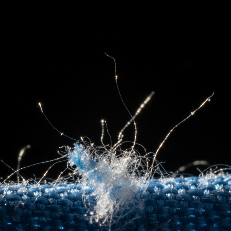 Macro view of synthetic fabric fibers shedding from polyester clothing