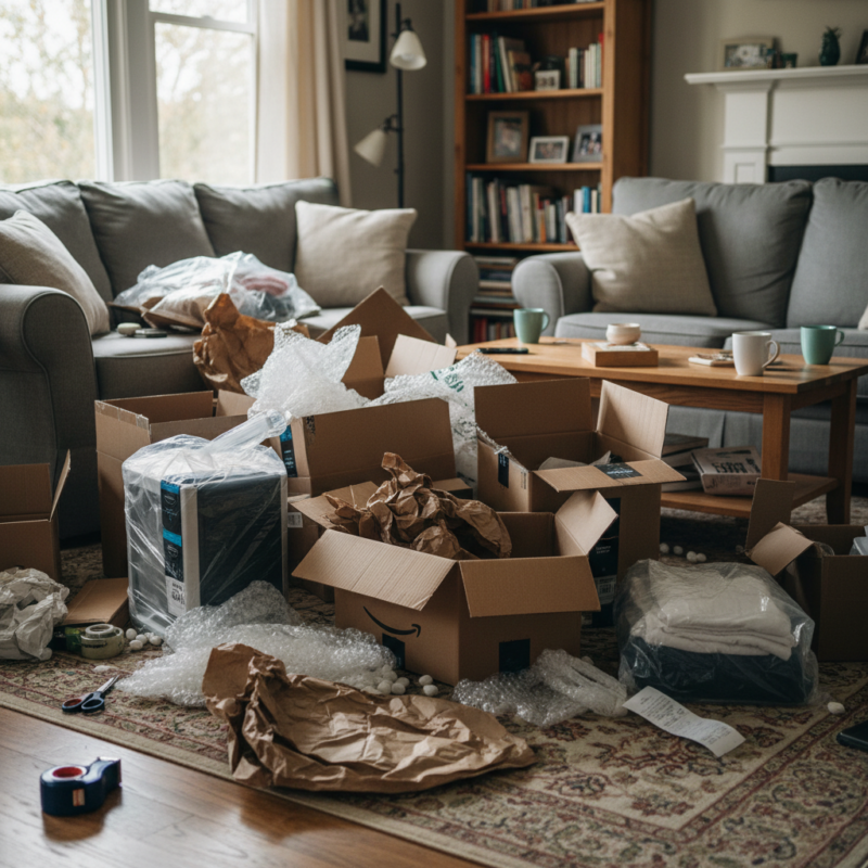 Pile of opened shipping boxes from online shopping returns