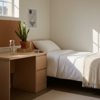 Clean minimal college dorm room with a few intentional personal items