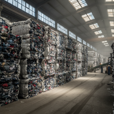 Large bales of compressed secondhand clothing in a warehouse sorting facility