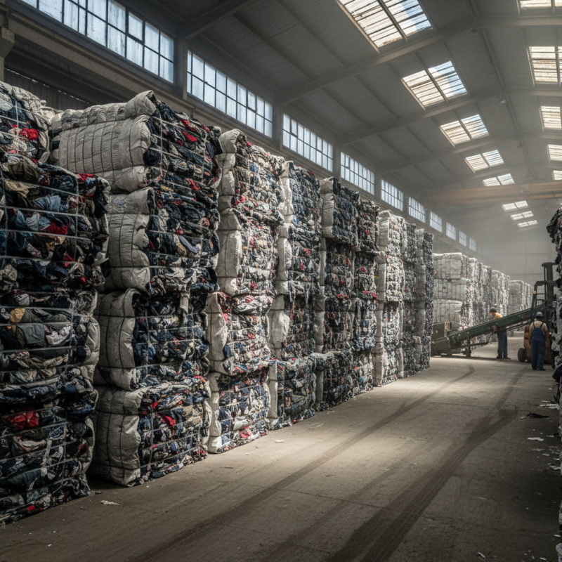 Large bales of compressed secondhand clothing in a warehouse sorting facility