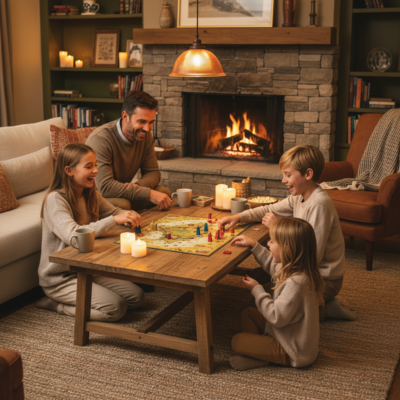 Family playing a board game together in a cozy living room