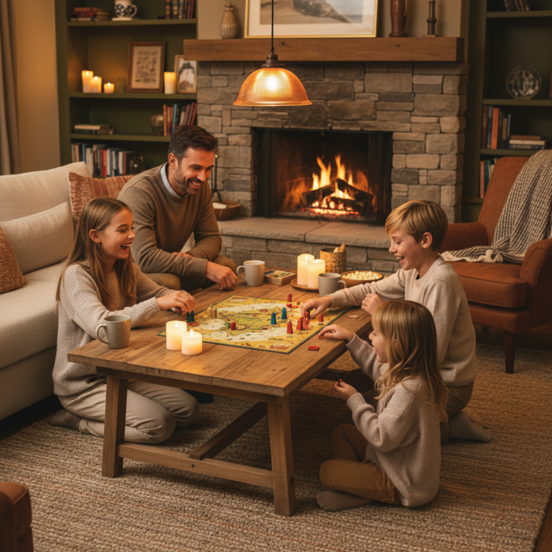Family playing a board game together in a cozy living room