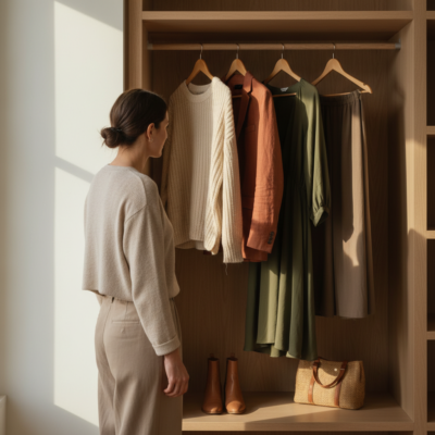 Woman standing in front of a minimal, well-organized closet with quality clothing