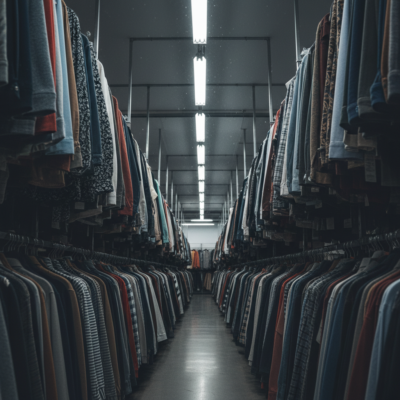 Dense rows of clothing on racks in a retail fashion store