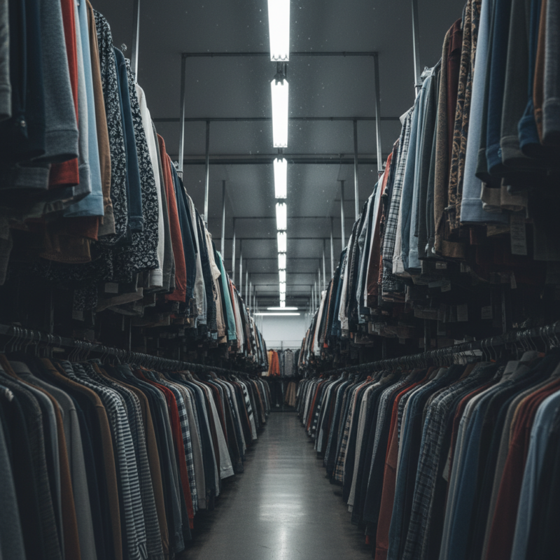 Dense rows of clothing on racks in a retail fashion store